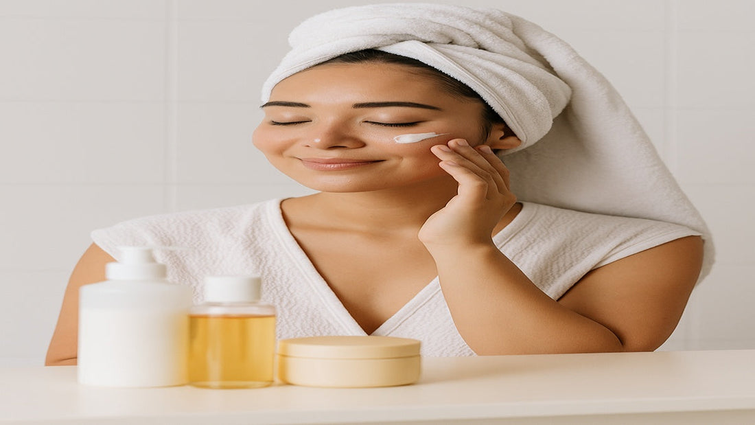 Woman applying face cream after shower with natural skincare products on counter – TagsLinks Beauty