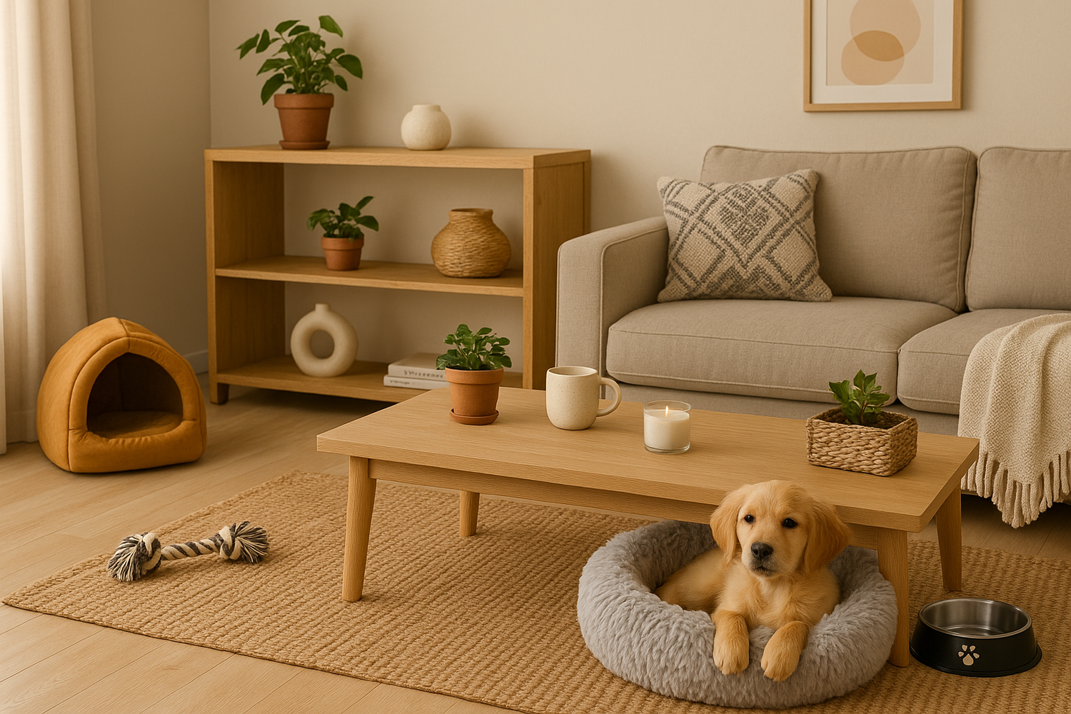 Cozy living room scene with a puppy in a soft pet bed, dog toy, pet house, food bowl, wooden coffee table with decor, plants, candles and modern home accessories, representing the Pets, Home & Giftables collection.