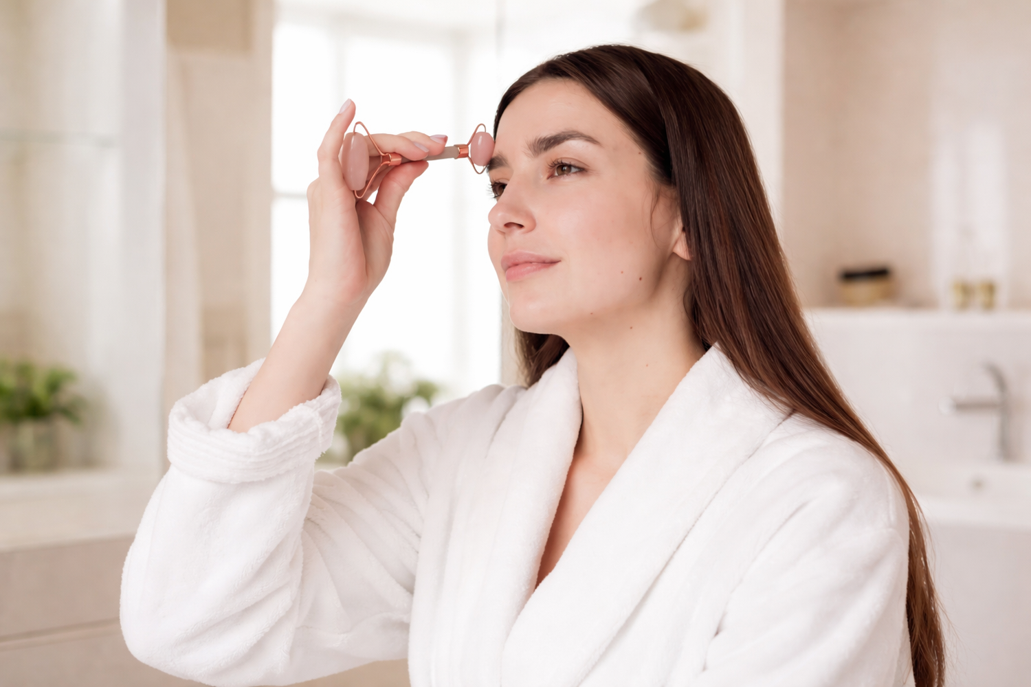 Woman using a facial massage tool during a skincare routine in a bright modern bathroom