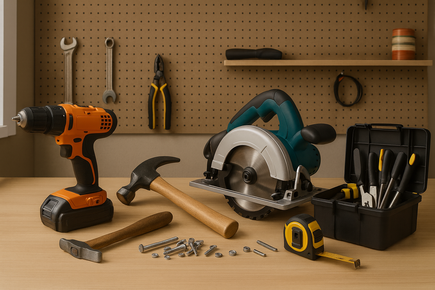 Home improvement tools including cordless drill, circular saw, hammer, screwdriver set and measuring tape on a workshop bench for DIY and hardware projects
