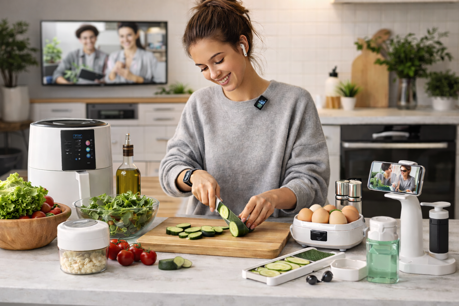 Modern woman using smart home and kitchen gadgets while cooking, including wearable tech, air fryer, phone stand and everyday smart devices in a bright kitchen