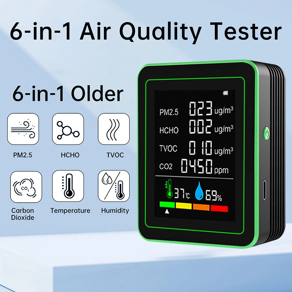 6-in-1 Air Quality Monitor CO₂ TVOC PM2.5 Temperature & Humidity