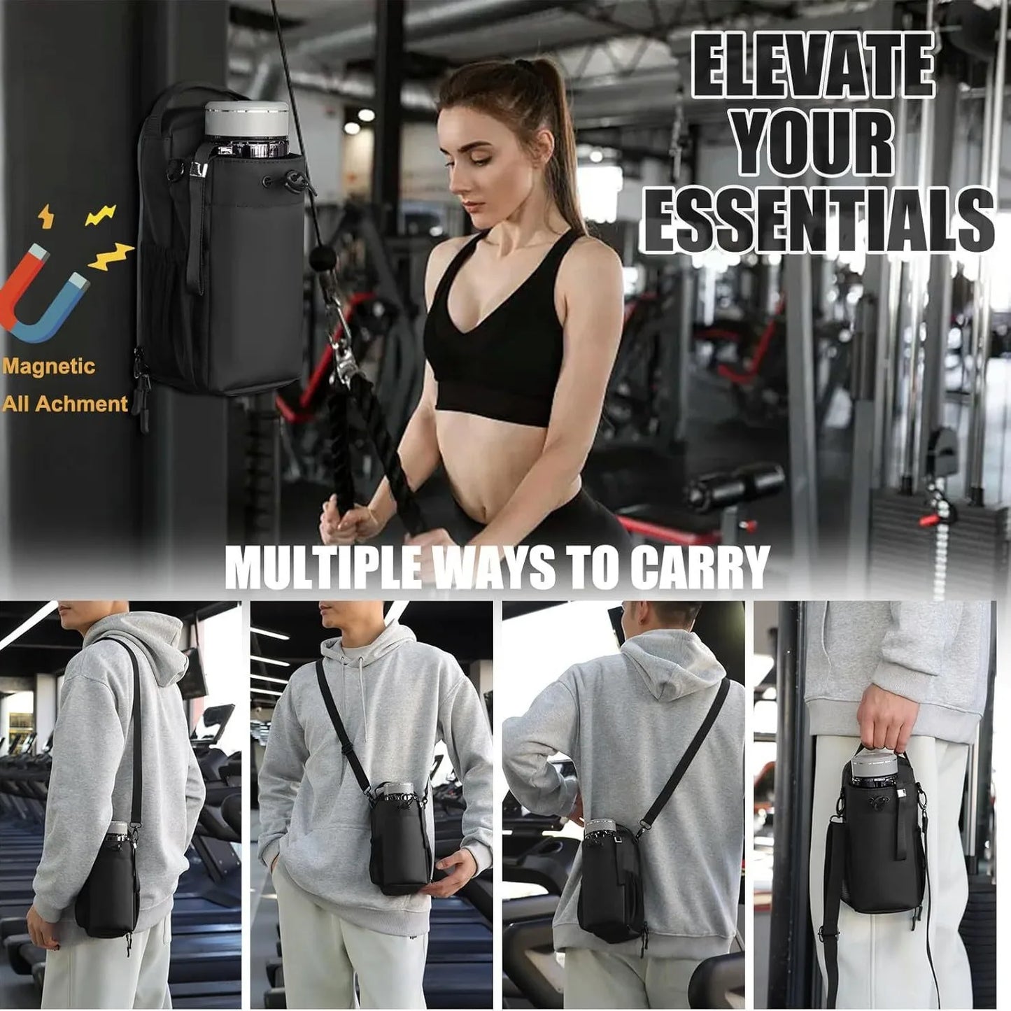 Magnetic Fitness Water Bottle Bag Large Capacity