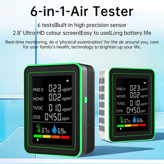 6-in-1 Air Quality Monitor CO₂ TVOC PM2.5 Temperature & Humidity
