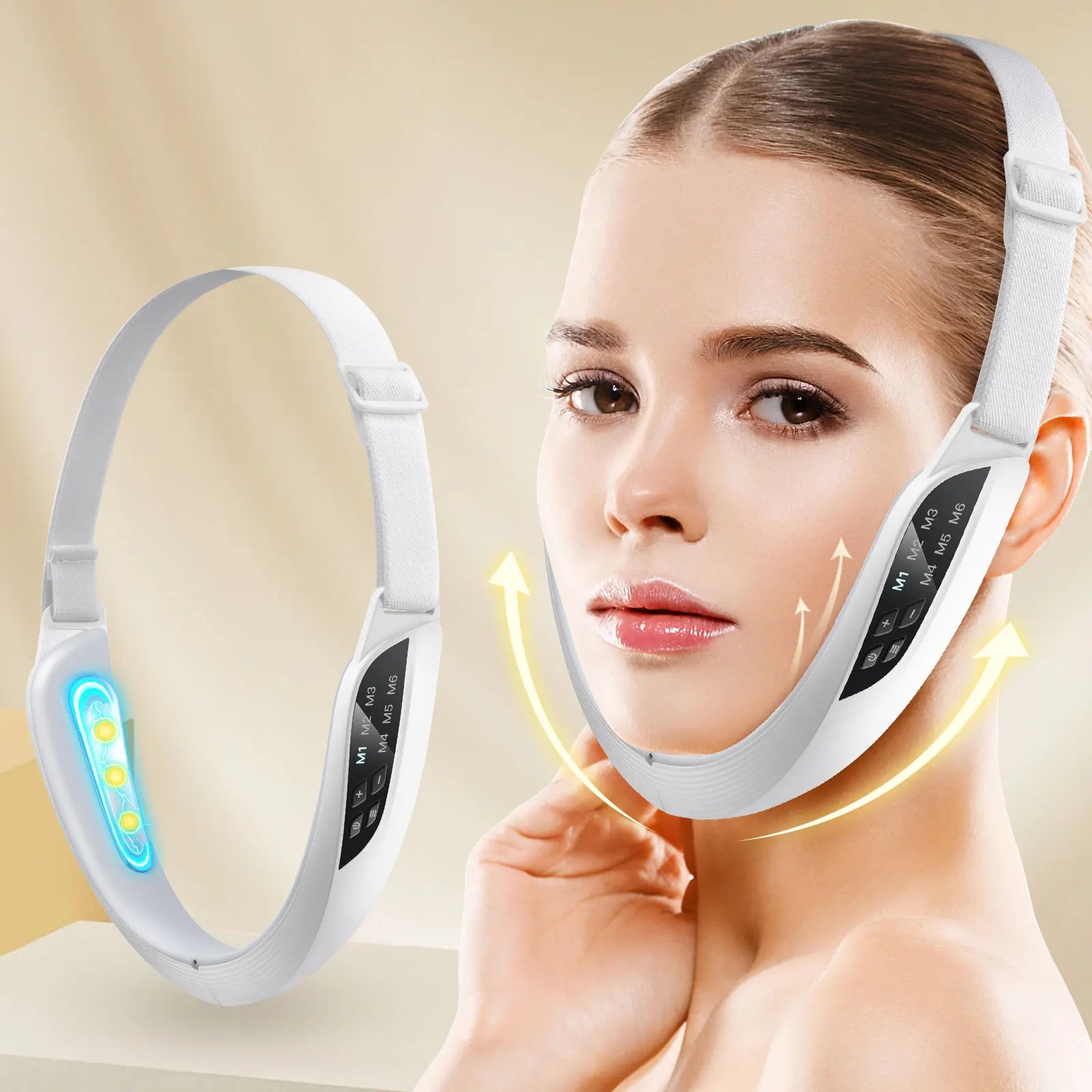 Woman using an electric V-face toning device with LED microcurrent massage strap for chin and jawline